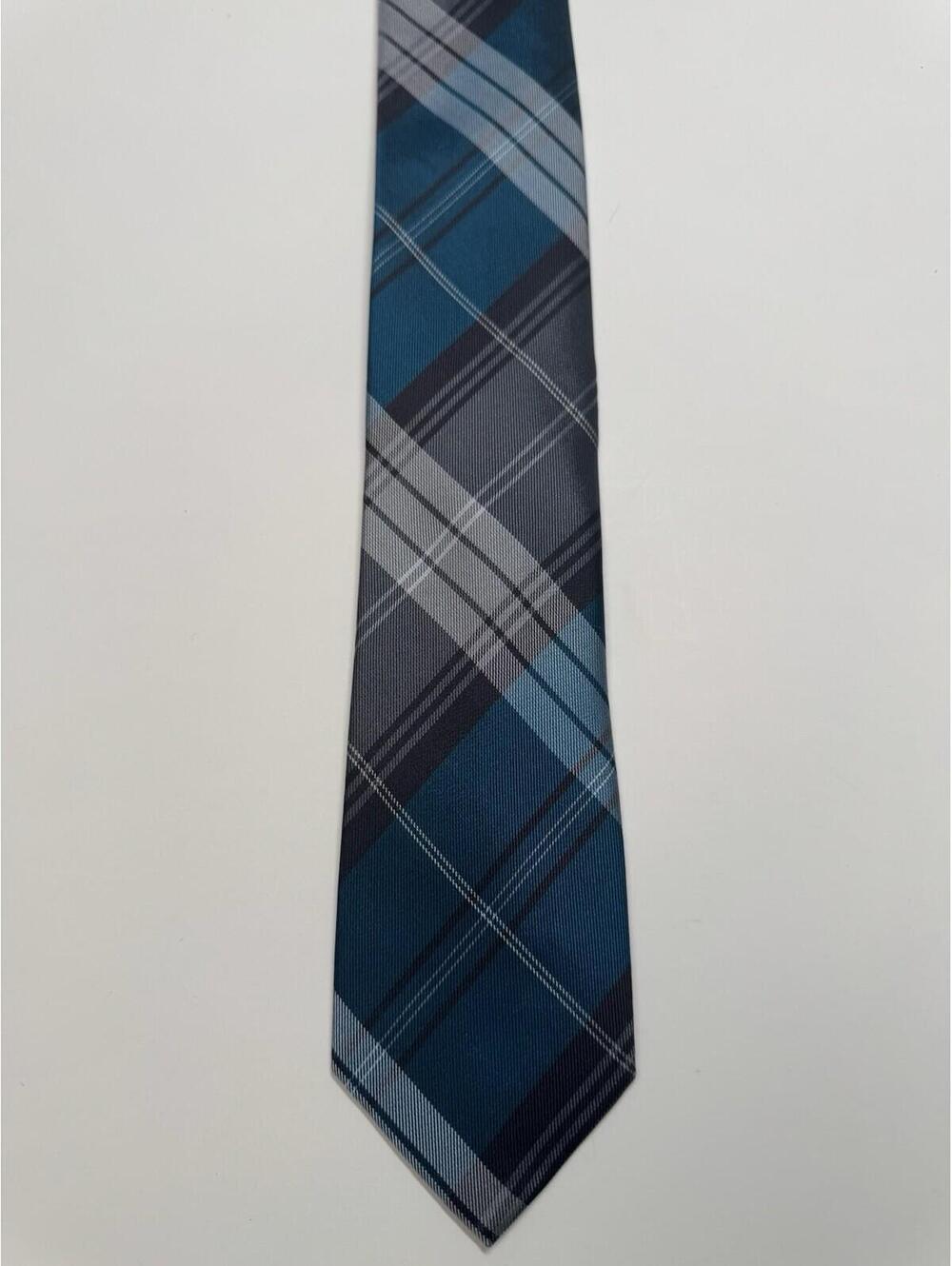Kenneth Cole Reaction 100% Silk Skinny Tie In Blue & Grey Plaid - Picture 2 of 3